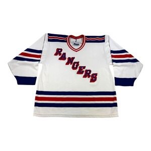 Vintage New York Rangers Jersey Cosby Large White Blue Red NHL Hockey Script 80s